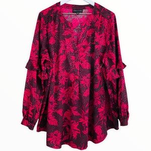 PLUS Lane Bryant Pink & Merlot Colored Floral Ruffle Popover Blouse Size 2X